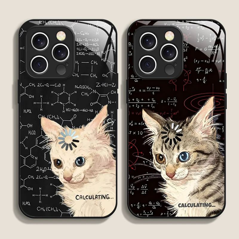 Funny Art Thinking Formula Cat Pattern Tempered Glass Phone Case for IPhone 17 16 Pro Max 15 14 Plus 13 12 Mini 11 X XS XR Cover