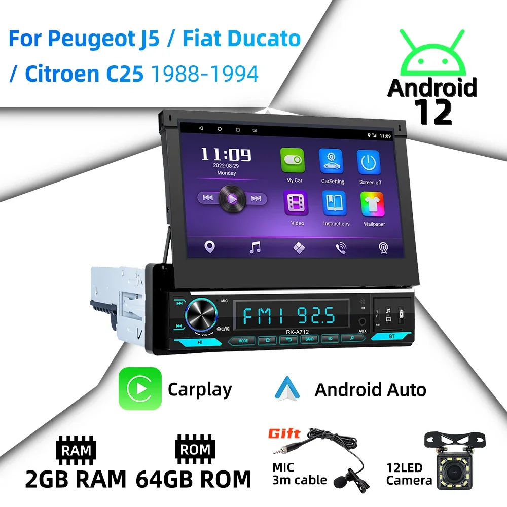 Android Car Multimedia 1 Din Radio 7 "Chowany ekran dla Peugeot J5 Fiat Ducato Citroen C25 1988-1994 Jednostka główna Carplay GPS