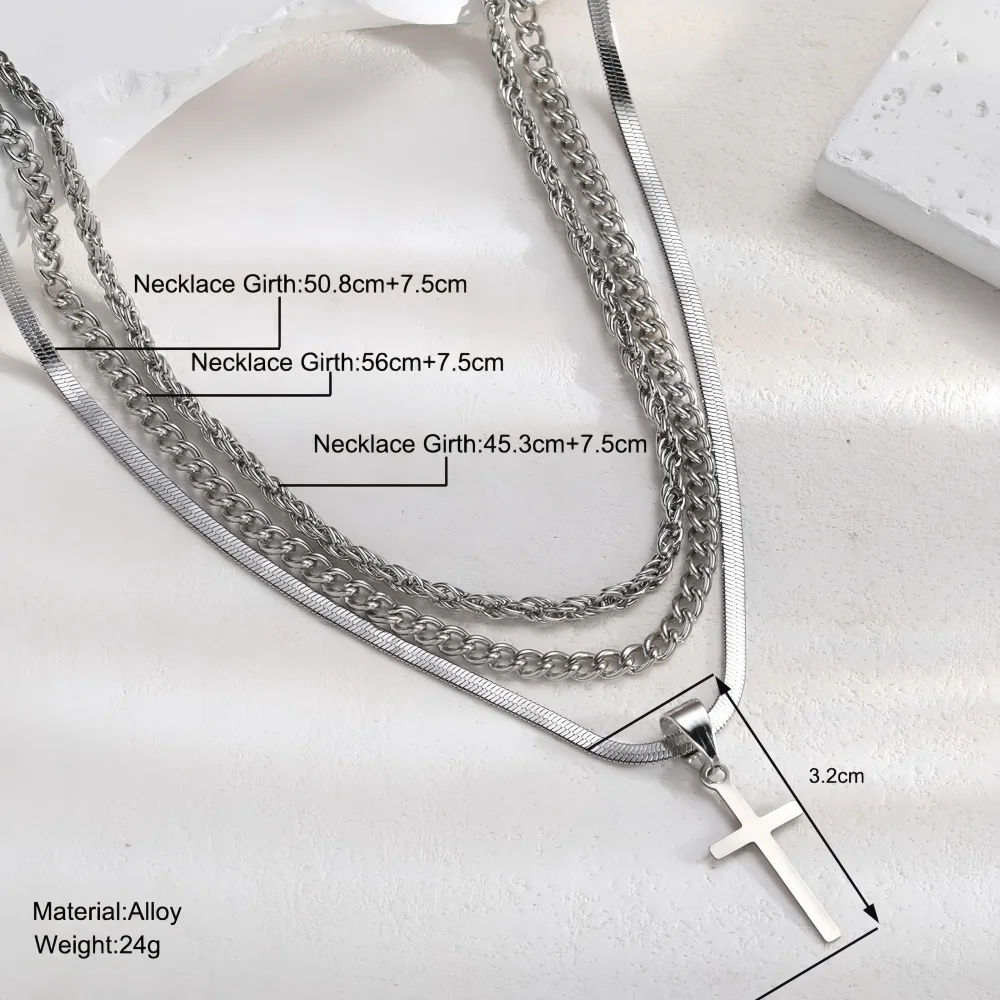 Hip-Hop-Kreuz-Mehrschichtige Kettenhalskette, einfache silberfarbene Legierungs-Twist-Kette, Herrenhalskette, trendiger Schmuckzubehör – Detail 2