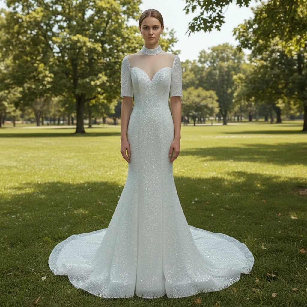 Rosymae Silver Mermaid Wedding Dress with Half Sleeve O-neck And Sheer Neck Informal Gown for Brides