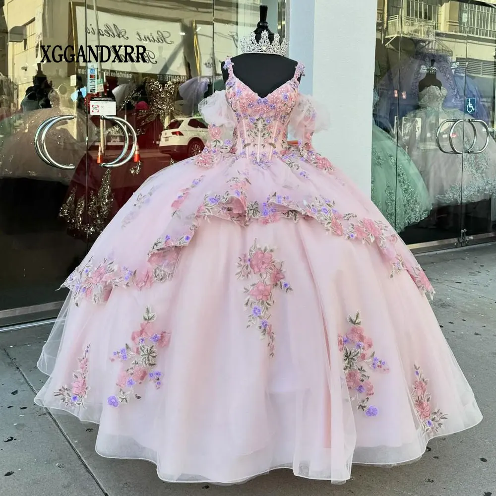 

Розовое платье Quinceanera с v-образным вырезом по индивидуальному заказу, 2024, милое платье с 3D цветочным принтом 16, платье принцессы для дня рождения, Vestido De XV Quinceañeras Gala