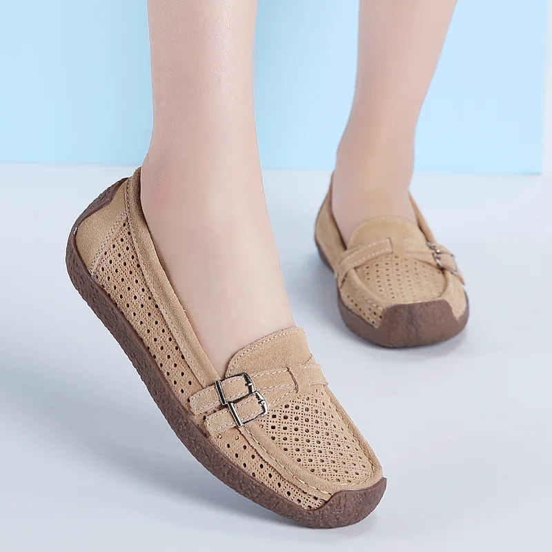 Cozy White Hollow Shoes Moccasins Women\'s Genuine Leather Ballet Flats Breathable Loafers Female Mom Soft Casual Driving Sandals