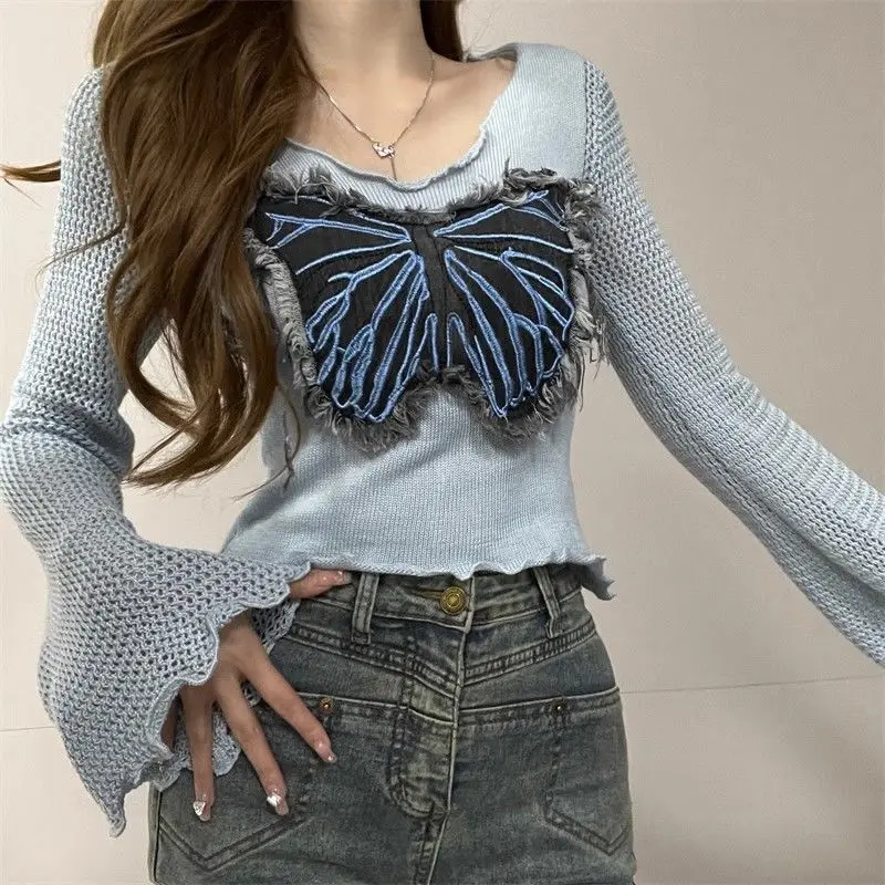 Women\'s Round Neck Spring Autumn New Fashionable Hollow Out Flare Sleeve Patchwork Embroidery Tassel Shorts Knitted Sweater Tops