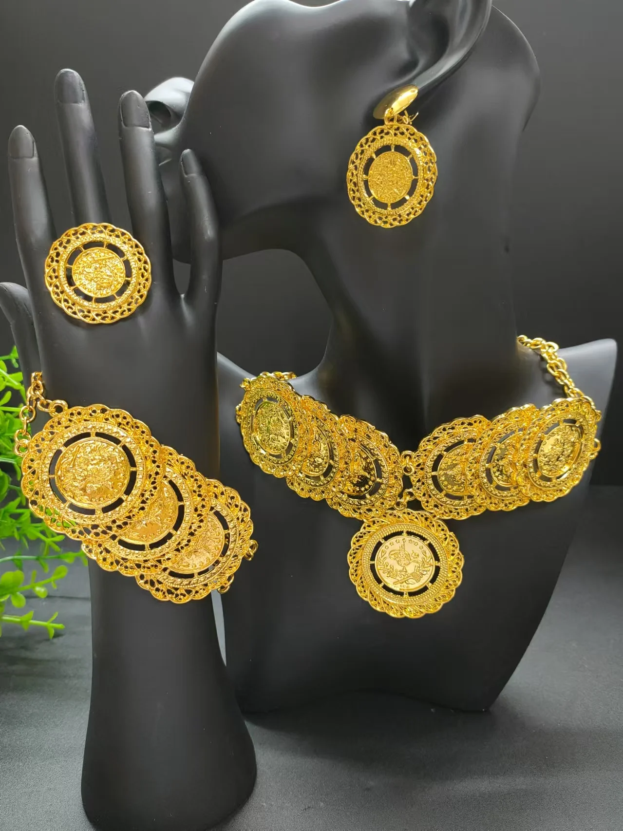 

Ethiopian Coin Chain Jewelry Set For Women Ethnic Style Pendant Necklace Bracelet Earring Ring Wedding jewelry sets