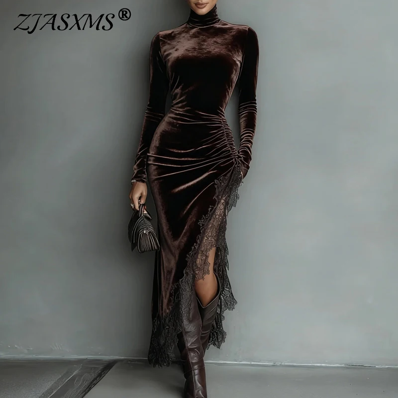 Velvet Patchwork Lace Slit Long Party Dress Woman Autumn Turtleneck Slim Pleated Boho Dress Winter Long Sleeve Hollow Maxi Dress