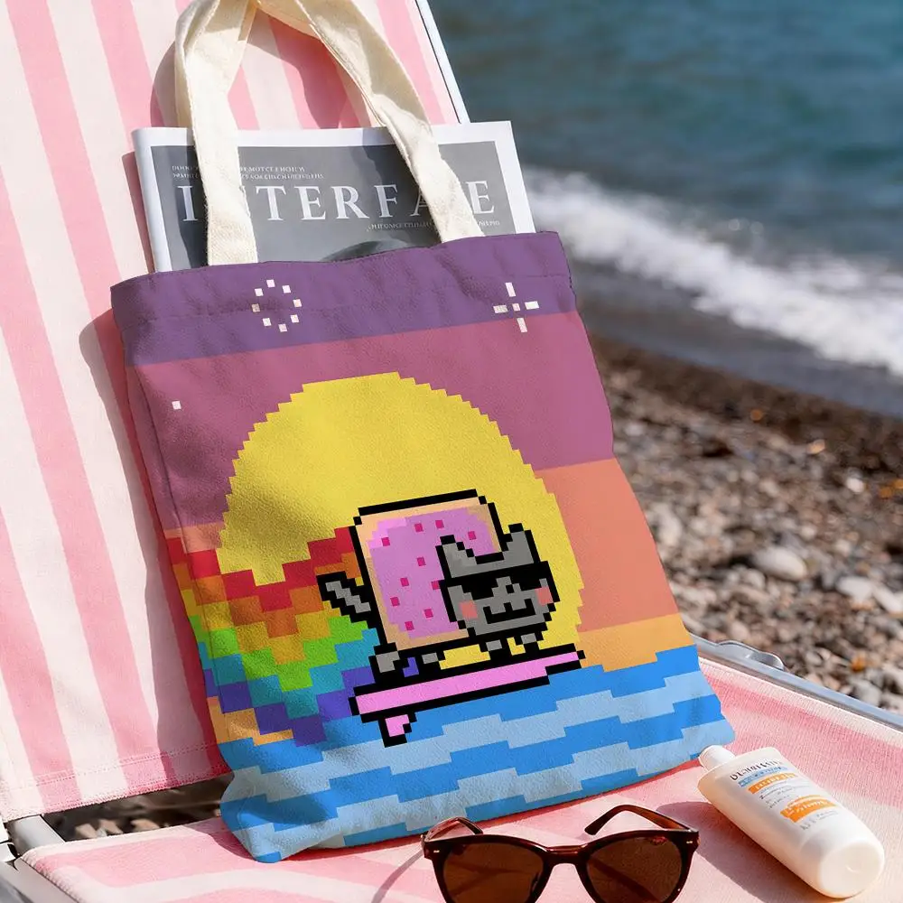 Video Game N-nyan Cat Storage Bags Double-Sided Printed Canvas Tote Bag Large Capacity Women Shoulder Handbag