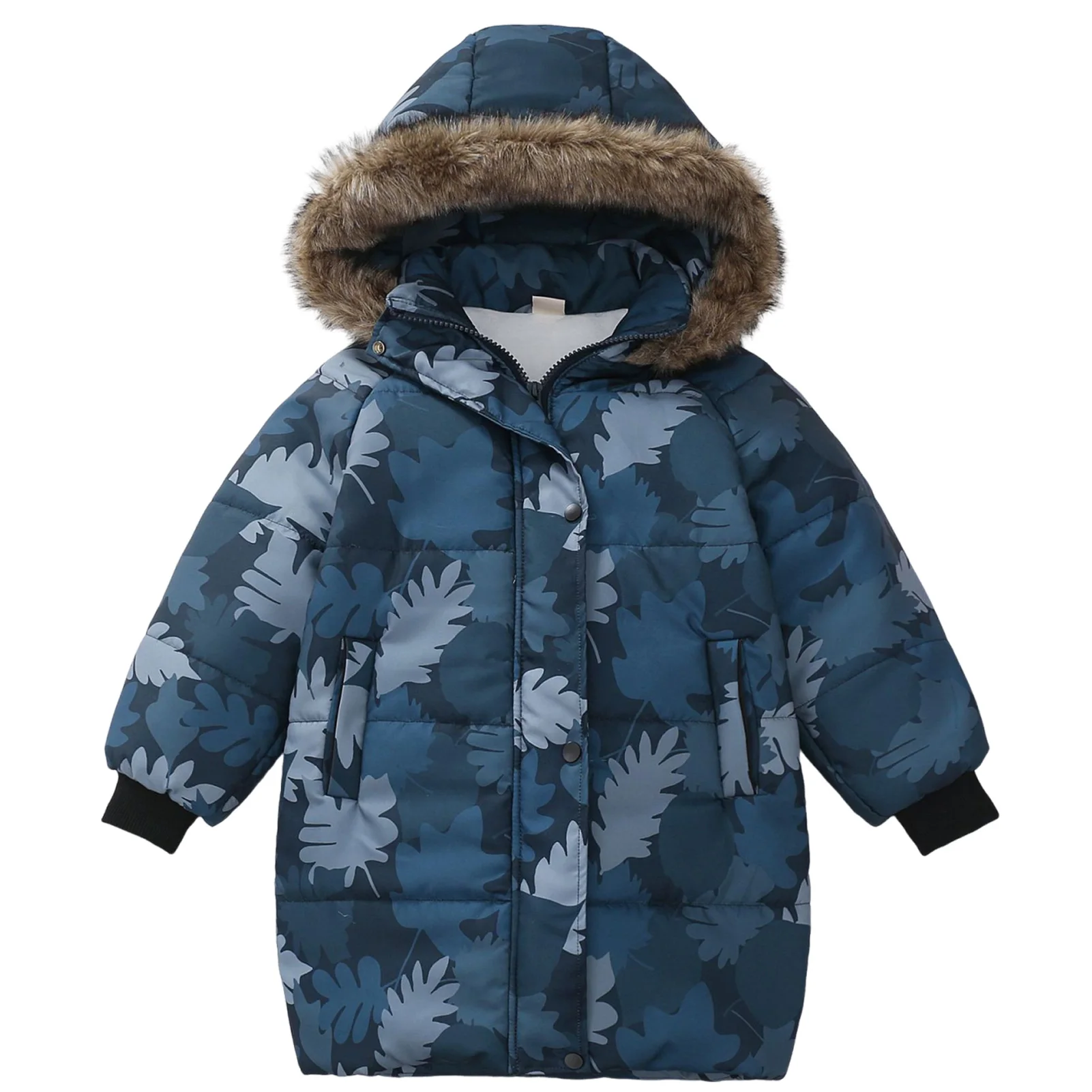 Boys Down Cotton Jacket,Fur Hood Warm Children's Puffer Coat,Printed Thick Windproof Kids Winter Quilted Jacket,Teenager Outfits