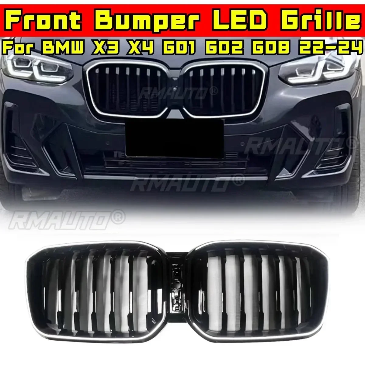 

Светодиодный бампер Решетка для BMW X3 X4 X3M X4M G01 G02 G08 2022-2024 Автомобильная передняя гоночная решетка Комплект кузова Передняя светодиодная решетка Автомобильные аксессуары