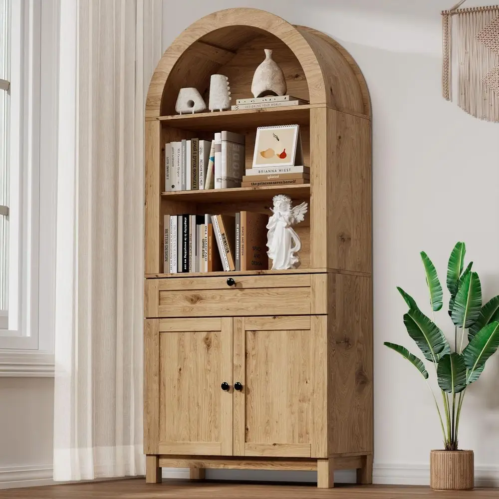 71 Rustic Natural Arched Pantry Cabinet with Smooth Drawers and Adjustable Shelves for Kitchen, Dining, or Living Room