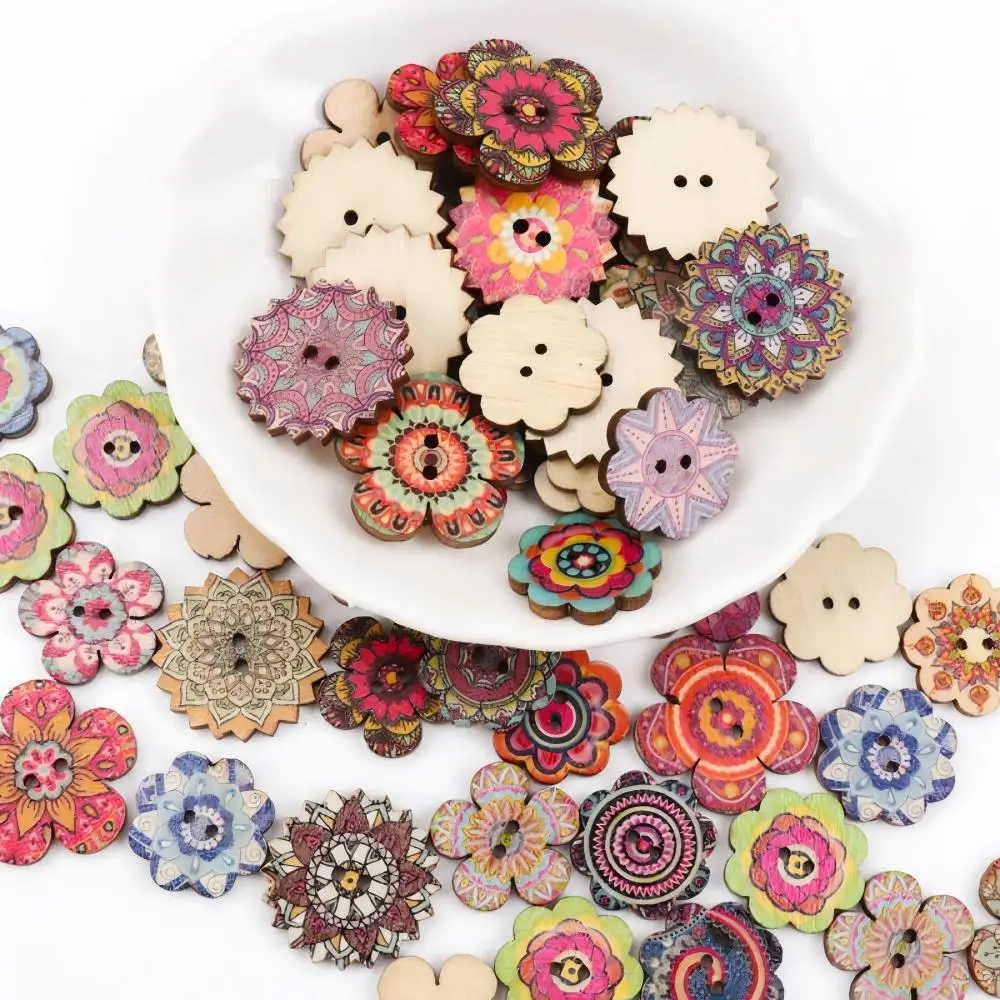 Boutons en bois naturel en forme de fleur à rayures, pour couture, scrapbooking, accessoires de costume faits à la main, décoration de la maison, bricolage, 50 pièces, 20-25mm