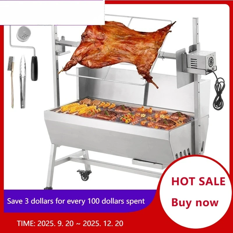 35inch Rotisserie Grill Electric Motor Charcoal Spit Grill Stainless Steel Roaster w/Lockable Wheels for Camping