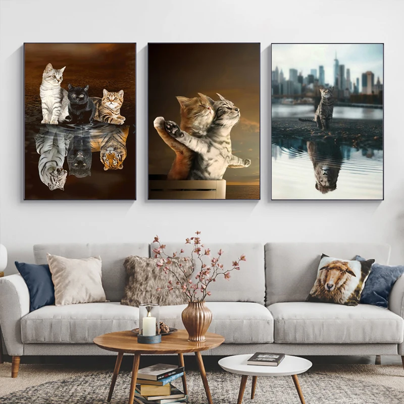 

Cat Reflection Canvas Painting with Frame Modern Abstract Lion Tiger Poster Print Animal Wall Art Pictures for Living Room Decor