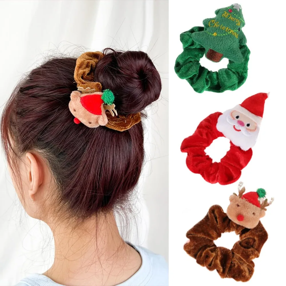 

Christmas Hair Scrunchies – 3 Pcs Silk Elastic Bands with Tree, Santa & Elk Print – Red Green Brown Checkered