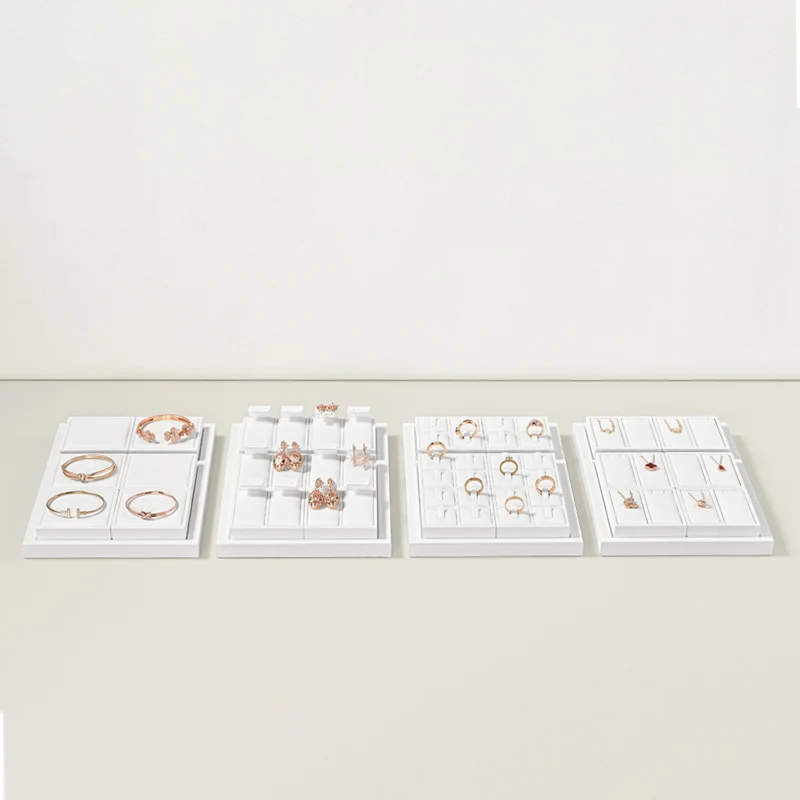 Oirlv White Display Tray Combinable Ring Earring Necklace Bangle Display Set PU Leather Small White Jewelry Display Table Tray