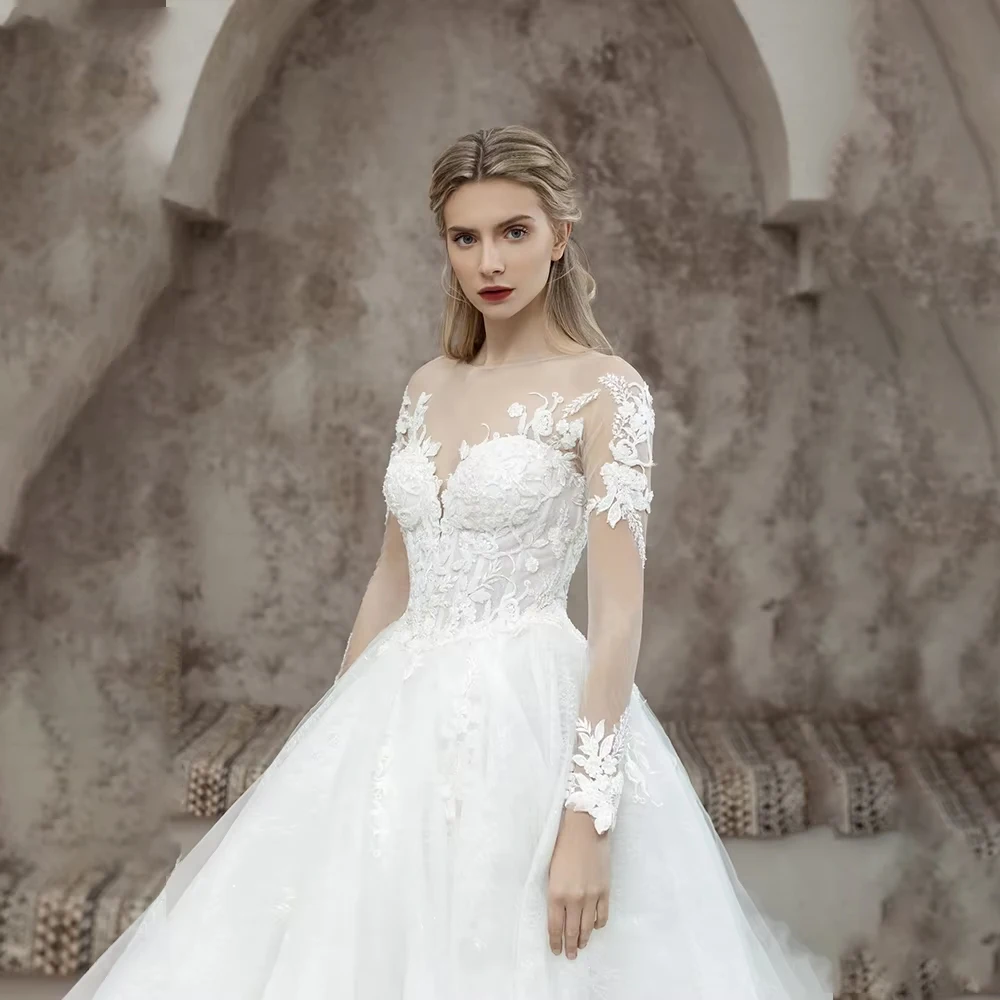 

Luxury Wedding Dresses Boat Neck Long Sleeve Church Woman Dress Appliques A-Line Princess Bride Gown Customized robe de mariée