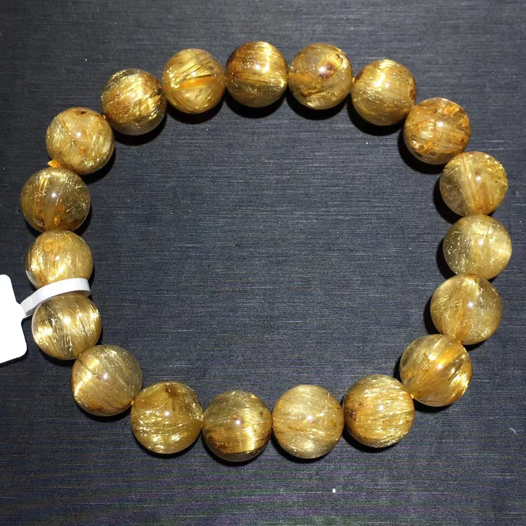 

Natural Gold Rutilated Quartz Round Beads Bracelet Women Men Brazil 11.2mm Yellow Rutilated Cat Eye Wealthy Stone AAAAAA