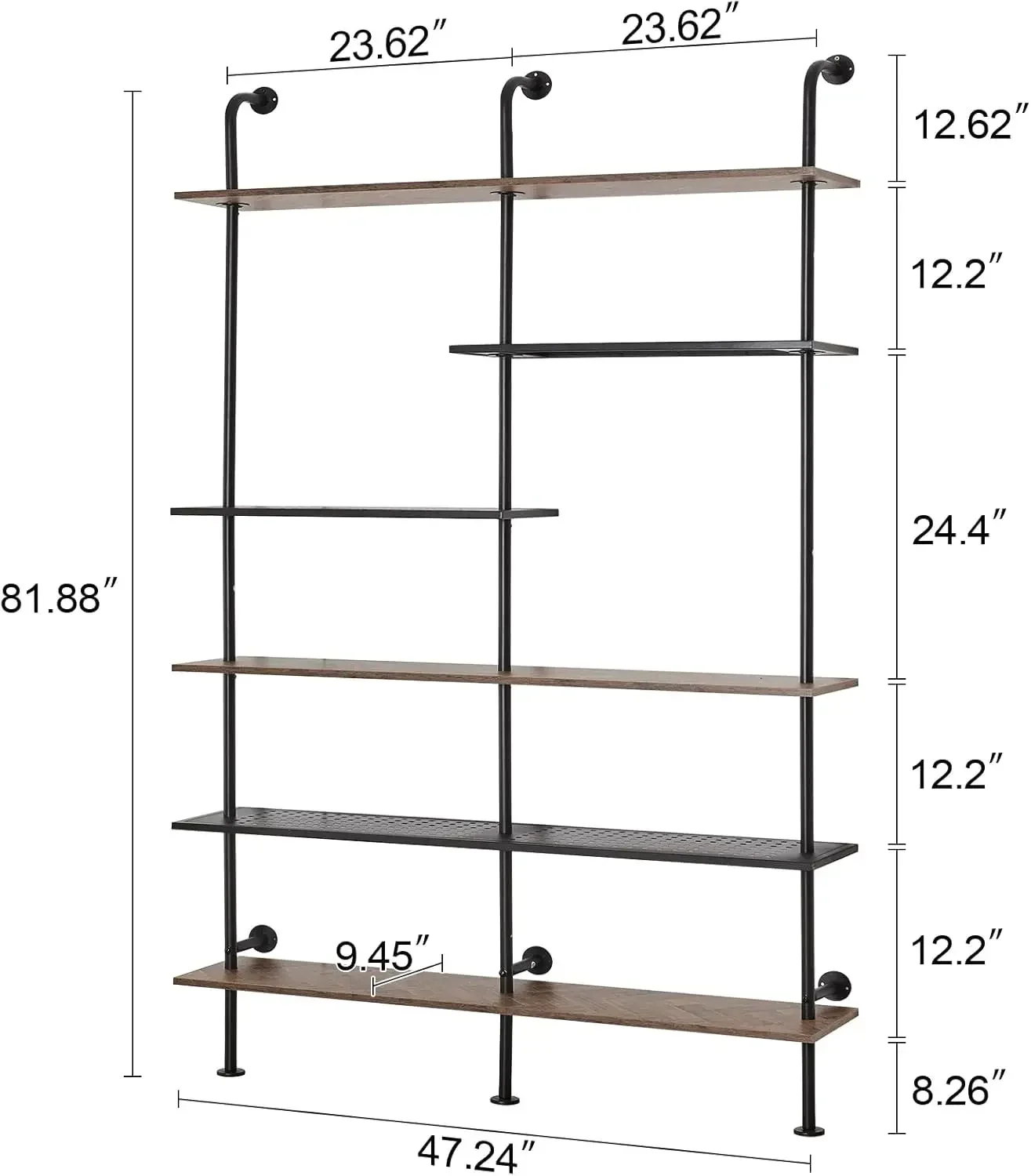 Industrial Bookshelf 6-Tier Open Wall Mount Ladder Bookshelf, Modern Bookcase with Metal Frame and Wood Style for Home Office