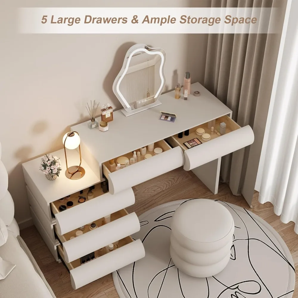 

Vanity Set with LED Mirror & Stool – 47.2in Modern Makeup Desk with 5 Drawers, Movable Side Cabinet, Easy Assembly for Dressing