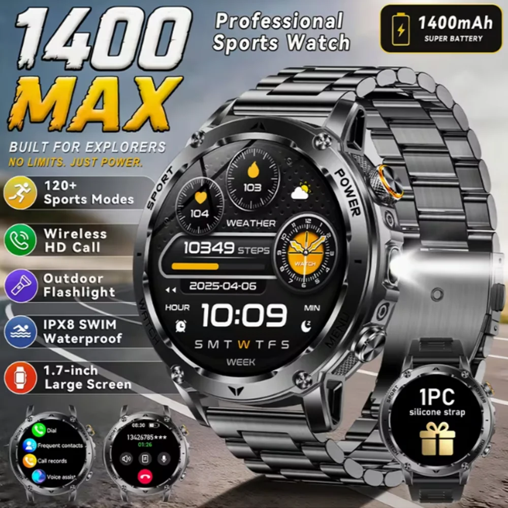 2026 New Outdoors Military 1400mAh Battery Smart Watch Men IP69K Waterproof LED Flashlight Heart Rate Sports Tracker Smartwatchs