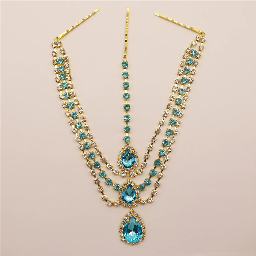 Boho Blue Gemstone Water Drop Pendant Forehead Chain Ladies Wedding Dinner Multilayer Rhinestone Bit Chain Jewelry Accessories