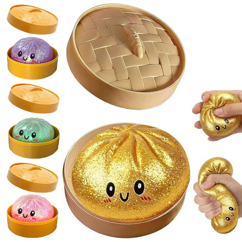 1 Stück Bunter Dumpling Squishy Stressball Fidget Sensorisches Spielzeug Simuliertes Essens-Squishy Brötchen mit Dampfgarer Quetsch-Teigball Spielzeug