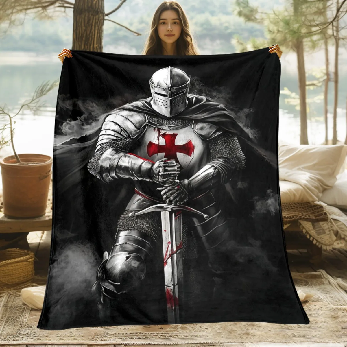 Dark Medieval Knight Throw Blanket Templar Sword Art Print Soft Cozy Wrap For Game Room Man Cave And Epic Fantasy Home Decor