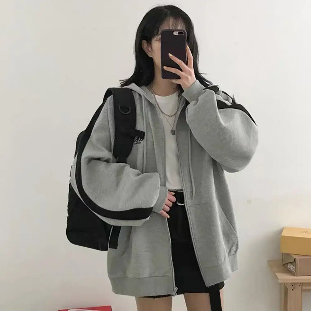 Women Solid Color Zipper Hoodies Harajuku Drawstring Long Sleeve Hooded Sweatshirts Korean Casual Pocket Jacket Streetwear