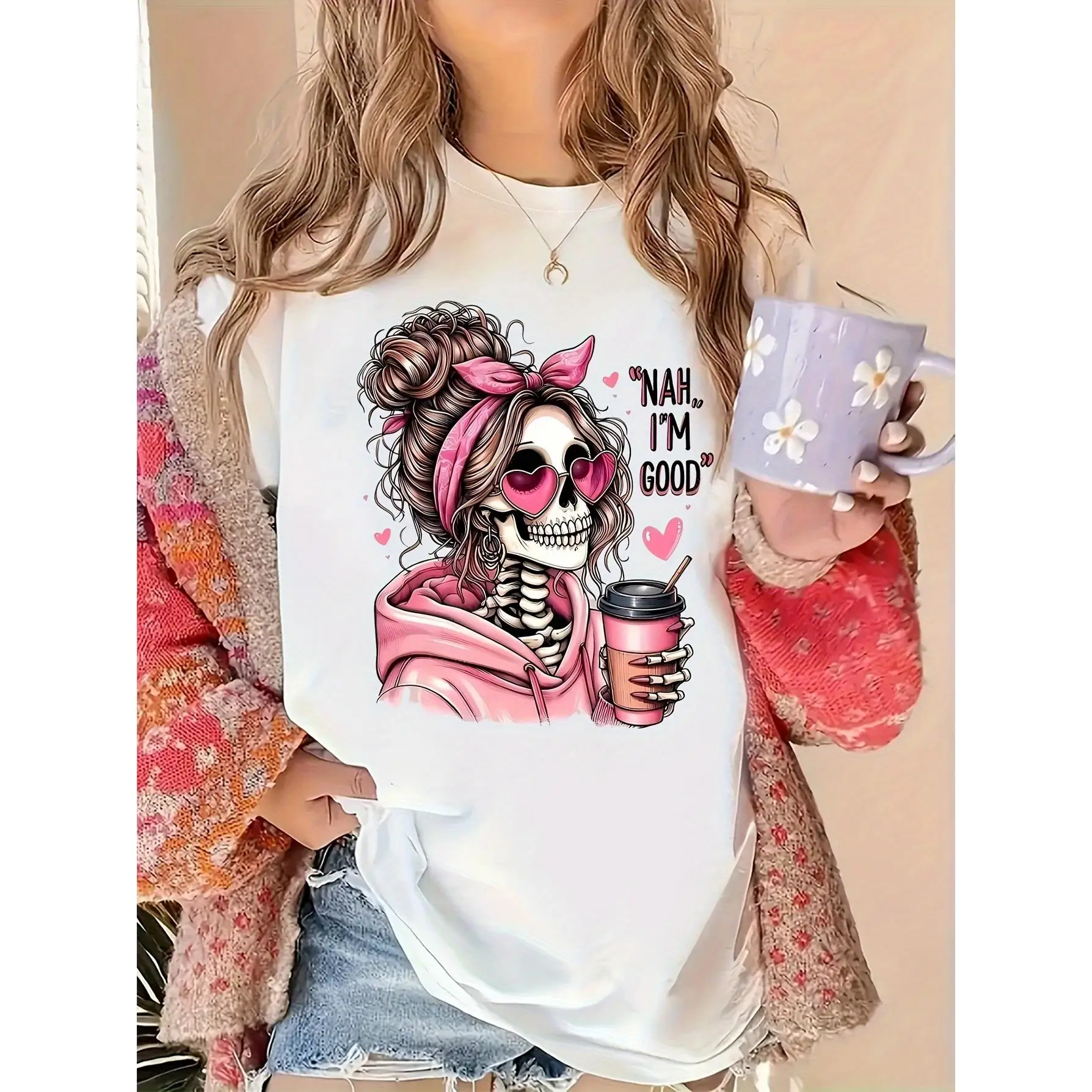 

Women's Funny Skeleton T-Shirt "Nah I'm Good" Pink Goth Coffee Lover Tee Halloween Humor Aesthetic Gift Top