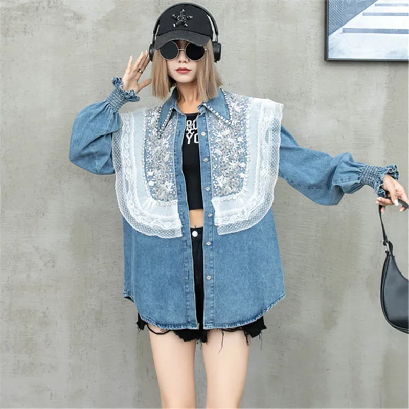 

2024 Spring Autumn New Lace Stitching Beaded Thin Blue Denim Shirt Jacket Women Loose Casual Lapel Long Sleeve Jeans Jacket Coat