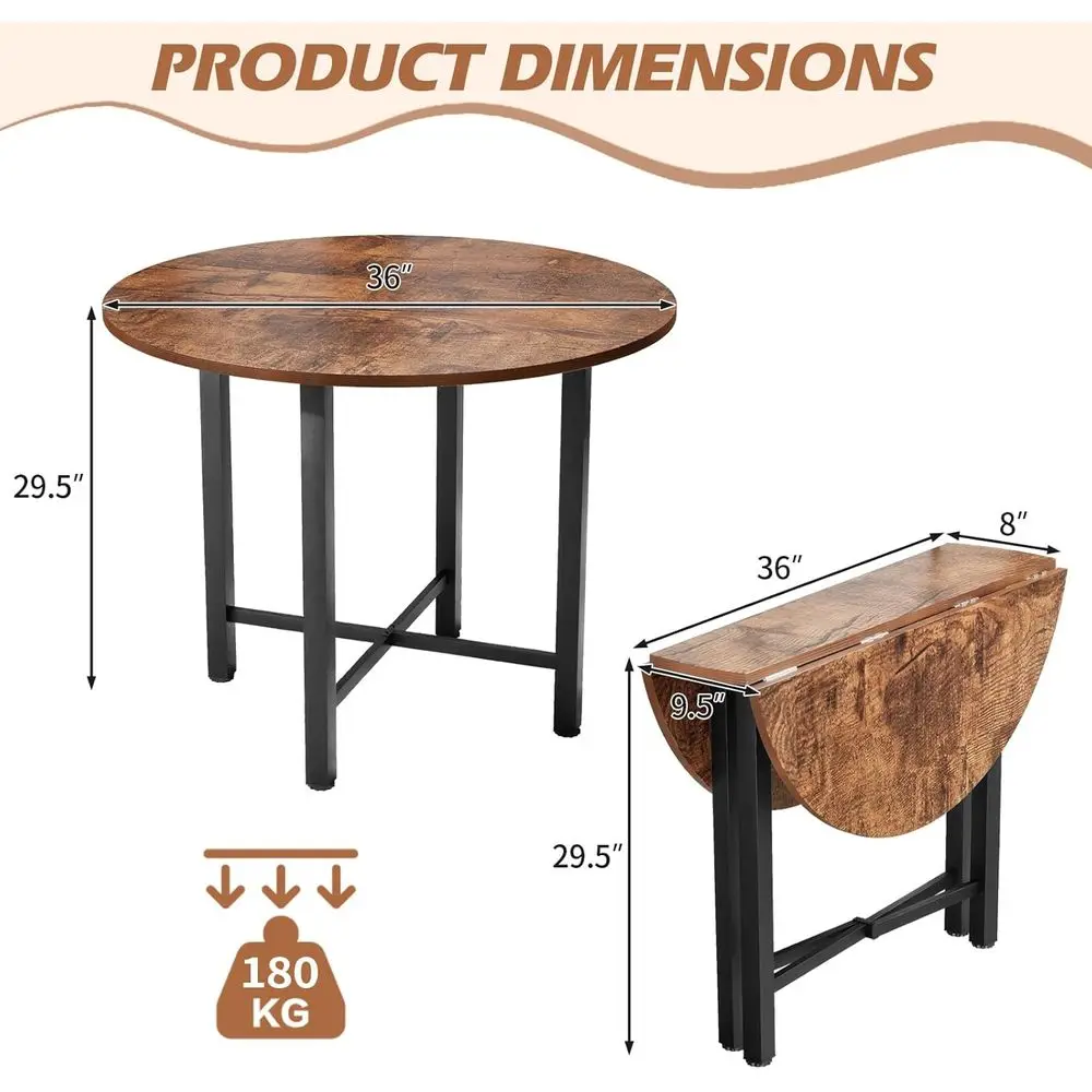 Mid-Century Wooden Round Drop Leaf Dining Table, Compact Foldable Kitchen Table for 2-4, Extendable Farmhouse Style
