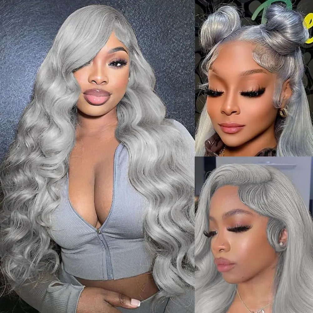 

13X4 Lace Frontal Wig Grey Colored Brazilian Human Hair Wig Body Wave Transparent Lace Wig Pre Plucked For Women 200 density