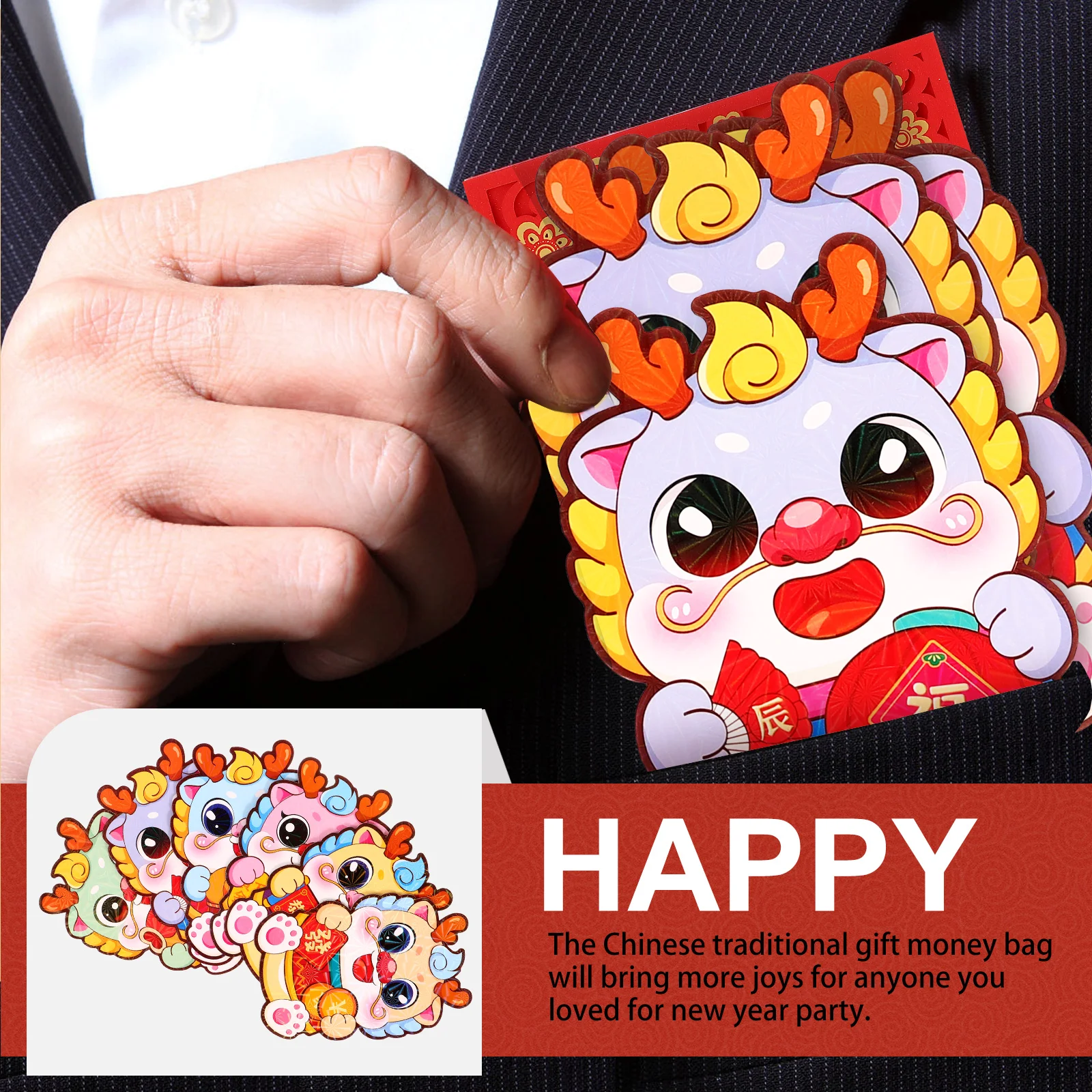 

60pcs Cartoon Red Envelopes Dragon Packets Chinese New Year Hong Bao Paper Cash Envelopes Gifts Kids Pocket Spring Festival 2024