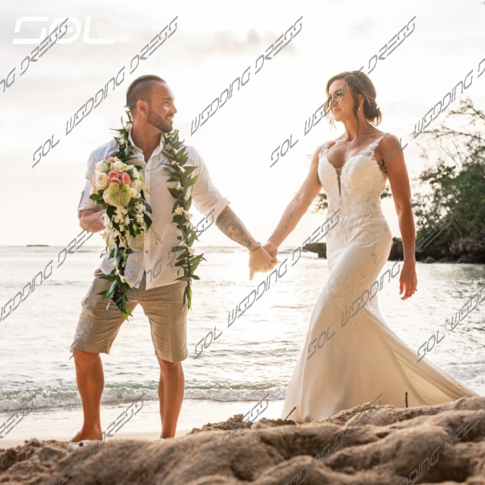 Vestido de casamento com laço em V profundo, elegante alças de espaguete, sereia de backup, vestido de noiva, lindo robe