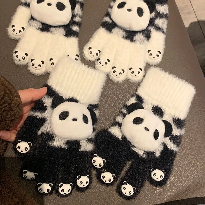 1 Pair Women's Winter Black White Y2K Kawaii Panda Knitted Gloves Open Toe Scratch Mobile Phone Texture Warm Lolita Gloves