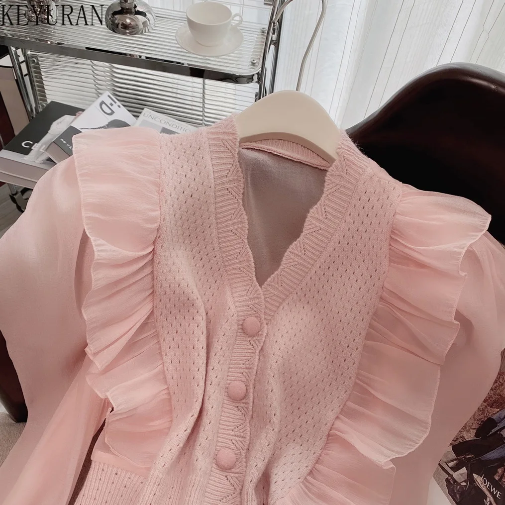 Ruffles Women\'s Sweater Cardigan Female Long Sleeve Korean Chic Solid Color V-Neck Long Sleeve Knitted Cardigan Femme Jerseis