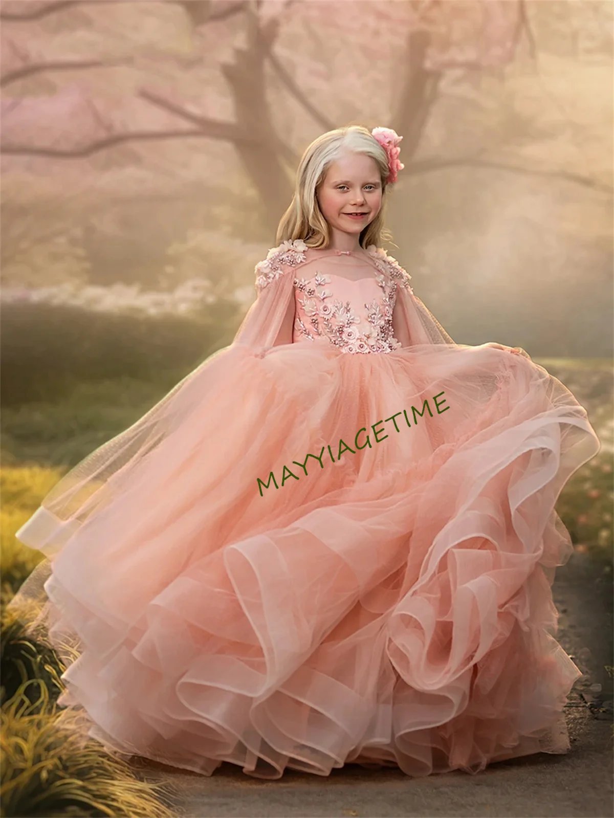 Puffy Baby Girl Dress Pink Flower Girl Dresses with Jacket Cute Girl Princess Dress Girl Wedding Party Dress Child Kids Dresses