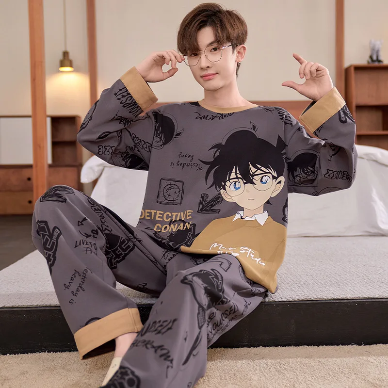 Detective Conan Men's Spring and Autumn Cotton Thin Pajamas Men's Long Sleeve Pullover Crew Neck Teen Homewear Suit