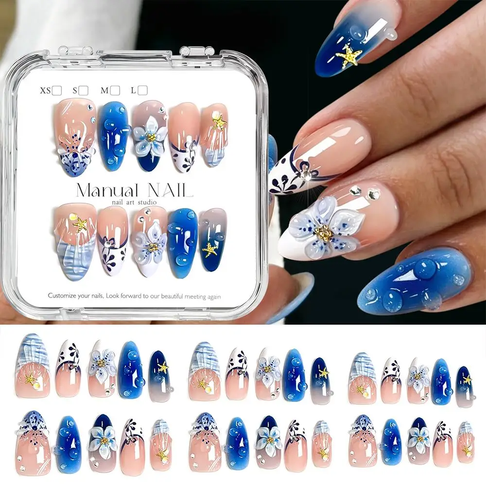 10/30 Stück Ozean-Stil Blaue Blumen Press-On-Nägel mit 3D Gold Seestern Perlen Deko Mandelförmige Künstliche Nägel für Sommer Strand Maniküre td
