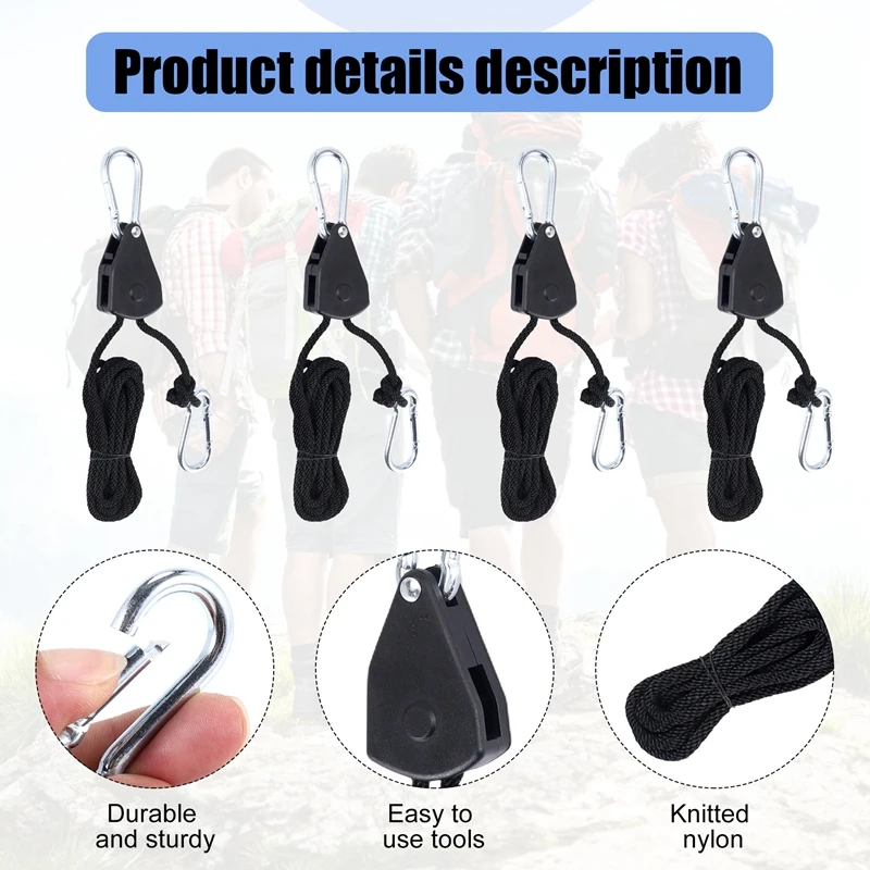PORK-4Pcs Heavy Duty Adjustable Grow Light Ratchet Rope Hanger Yoyo For Grow Light Fixtures Gardening