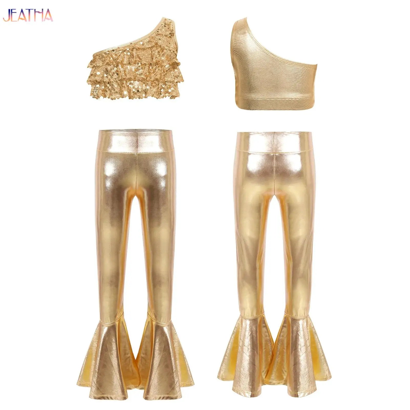

Kids Girls 70s Disco Outfits Sequins Jazz Dance Hippie Hip Hop 60s Costumes Tassels Flared Jumpsuit Pageant Party Dancewear Set