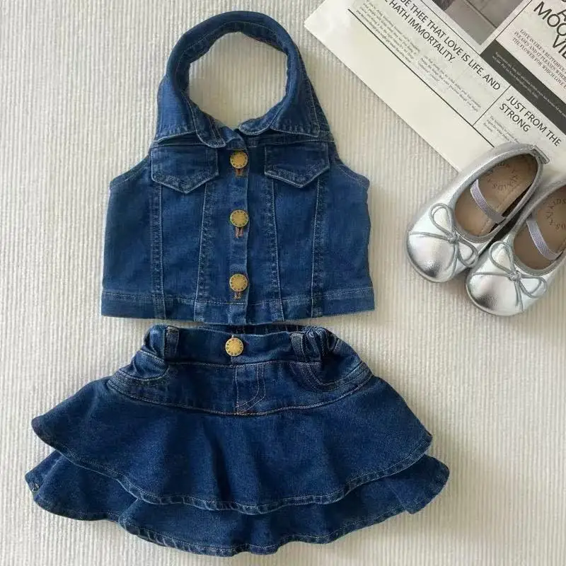 New Girls Summer 2‑Piece Outfit Trendy Halter Top with Ruffle Decor & Mini Skirt Sweet Fashion Kids Clothes for Little Girls