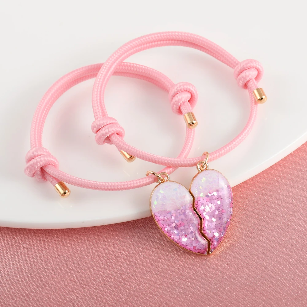 Karsyngirl 2Pcs/set Heart-shaped Gradient Sequin Stitching Best Friend Bracelet BFF Friendship Jewelry Gifts for Girls
