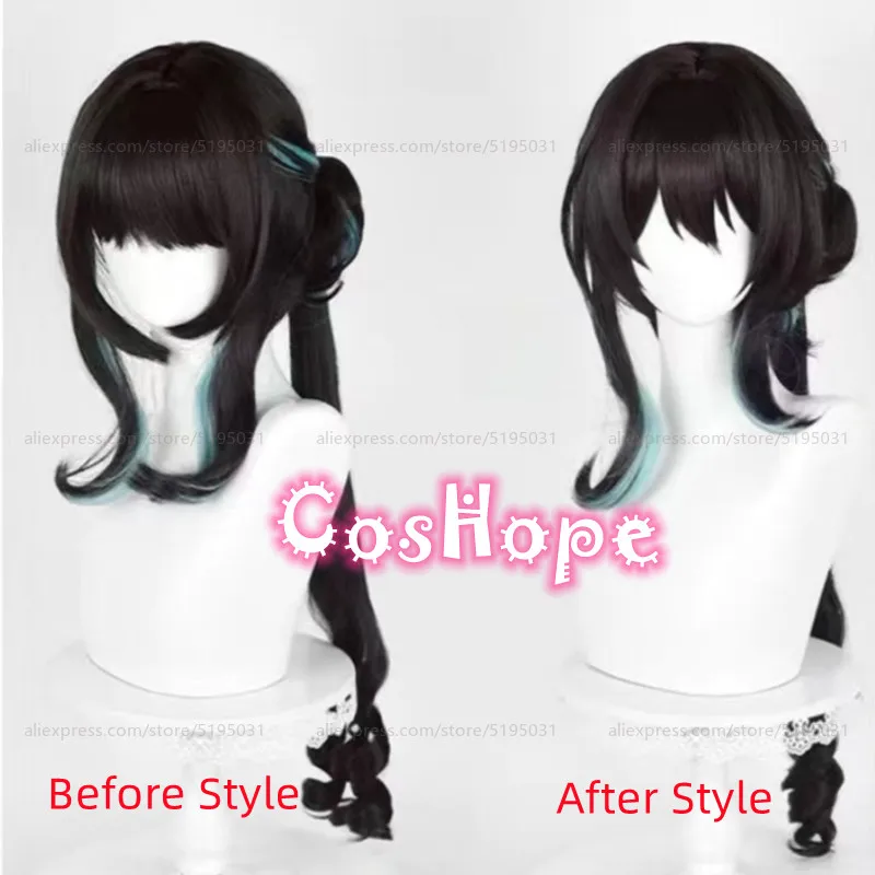 RUAN Mei Cosplay Wig 70cm Black With Cyan Highlights Wig Cosplay Anime Cosplay Heat Resistant Synthetic Wigs