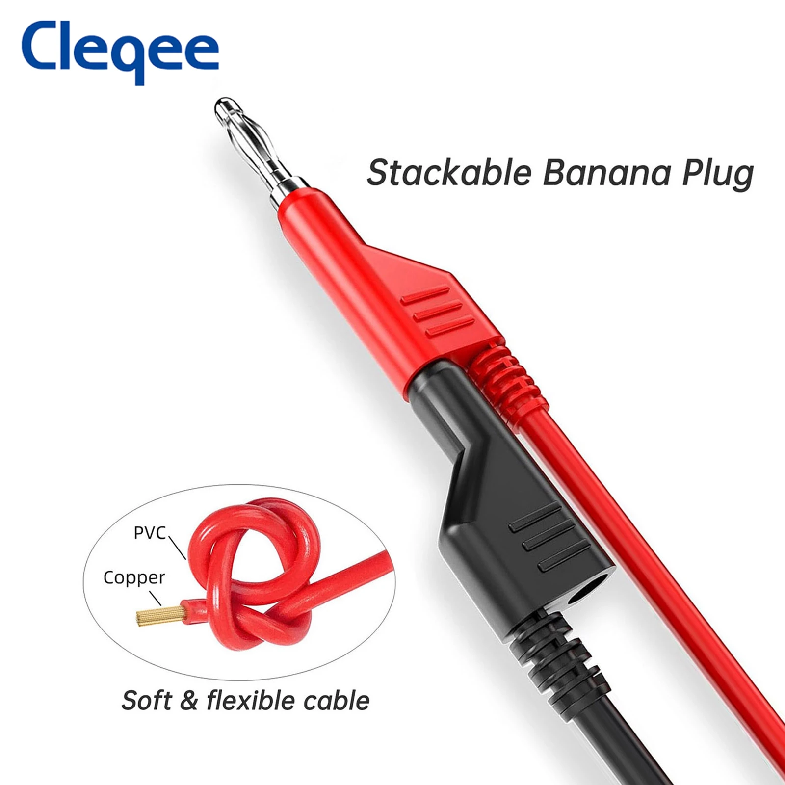 Cleqee P1045 5pcs 4mm Stackable Banana Plug to Test Hook Clip Multimeter Test Lead Electrical Test Cables 100cm Jumper Wire