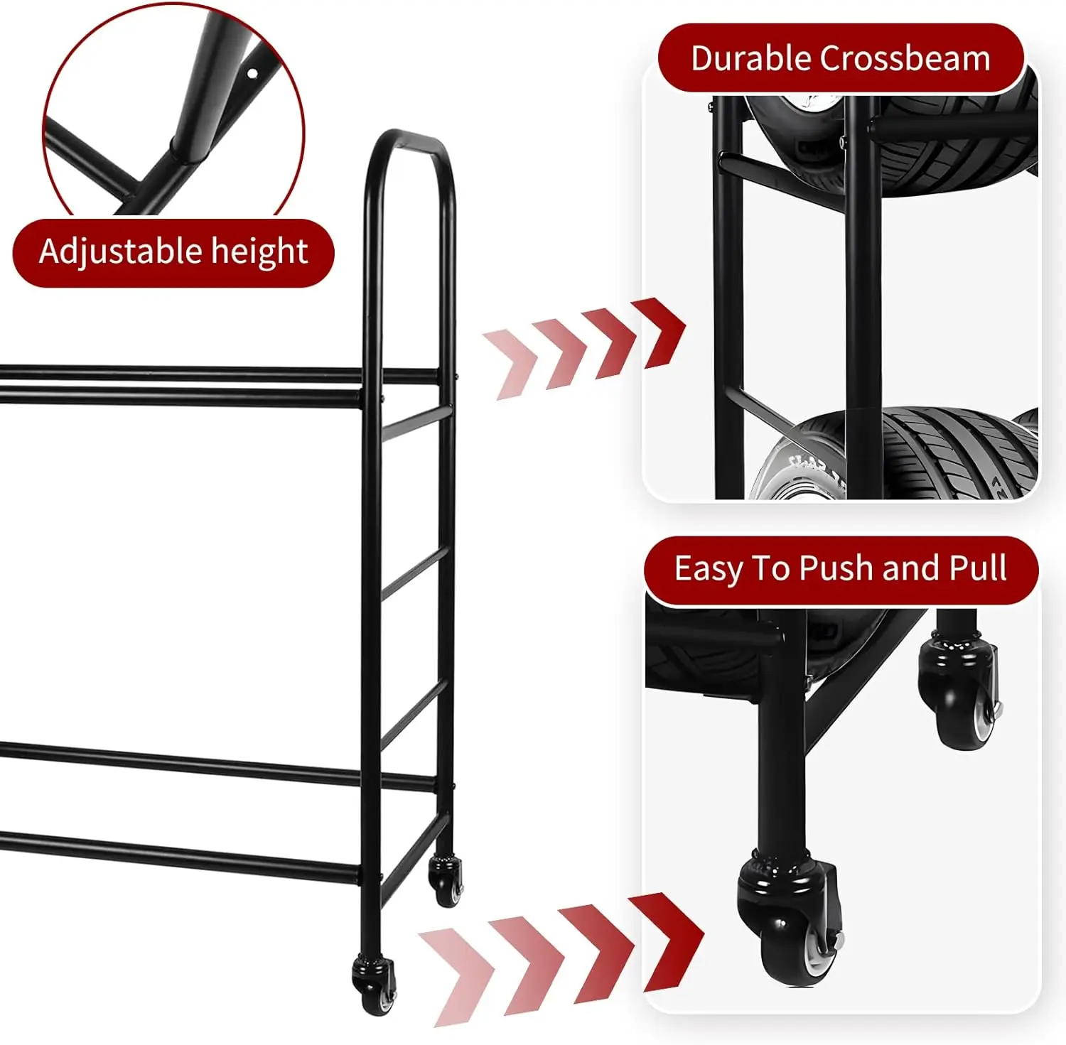 رف تخزين إطارات المرآب المتحرك مع بكرات، يحمل 8 إطارات، أرفف معدنية قابلة للتعديل #3