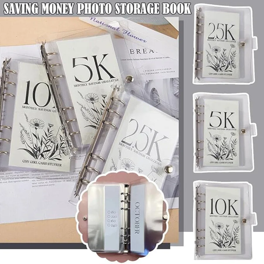 A6 Savings Notebook with Six-Hole 2.5K,5K,10K  PVC  Clip Storage Binder Monthly Saving Challenge