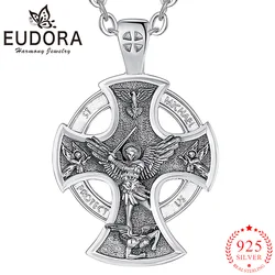 Eudora 925 Sterling Silver Saint Michael Necklace Cross Amulet Pendant Religious Jewelry Personality Vintage Men Jewelry Gifts