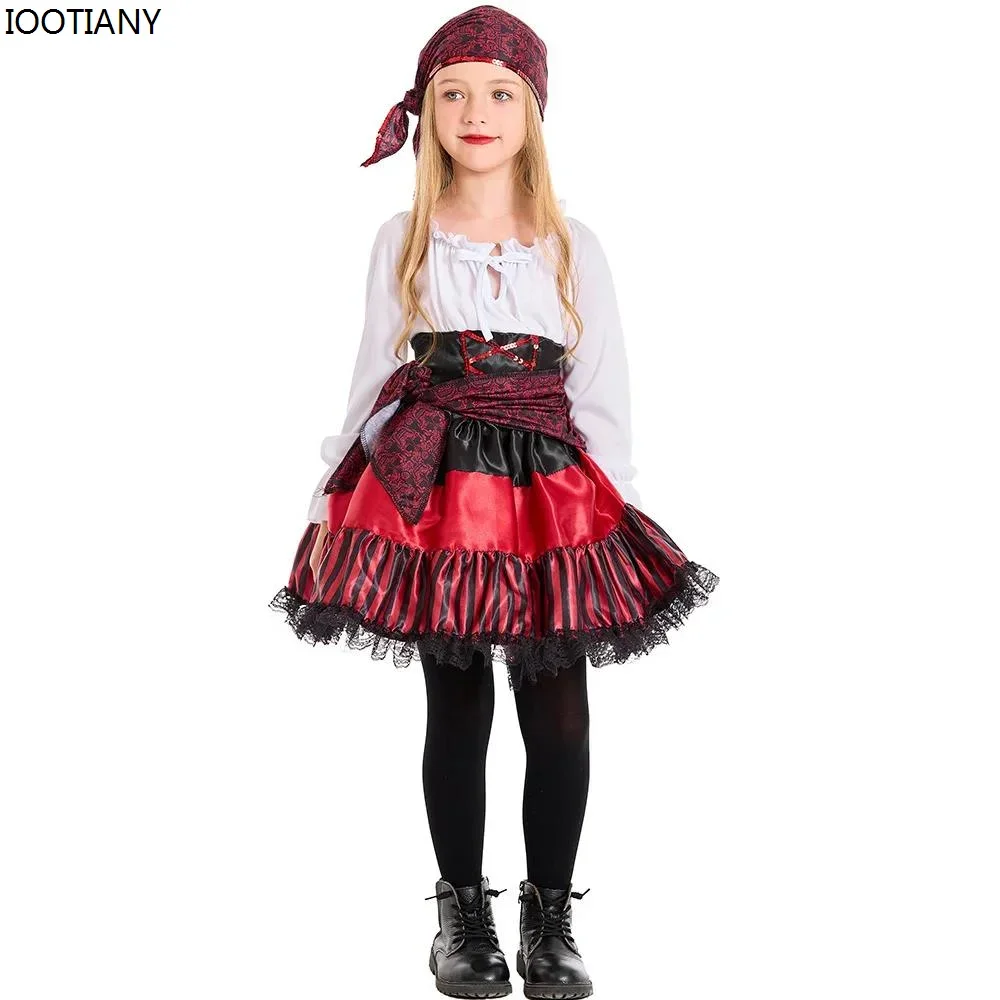 CosplayKids ผู้ใหญ่สีแดงลายลูกไม้ชุดโจรสลัดฮาโลวีนโจรสลัดคอสเพลย์เสื้อผ้า Carnival Party Navigator Stage D