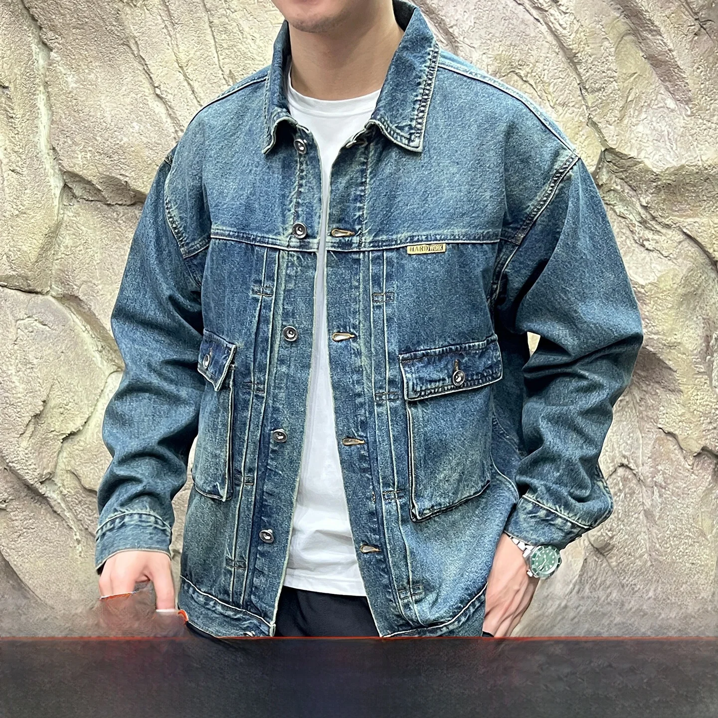 

Винтажная джинсовая куртка с завышенной талией, мужская дышащая куртка со свободным воротником, осень 2021, модная ретро-сла, длинная смесь хлопка и полиэстера