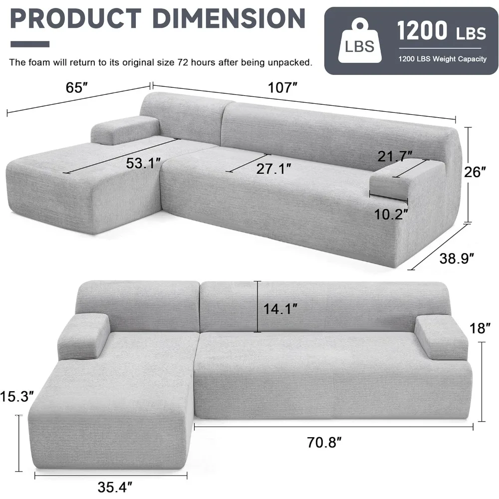 107” Modular Sectional Sofa, Modern Sectional Sofa Couch for Living Room, High Density Sponges Cloud Couch Sectional, L-Shape Co